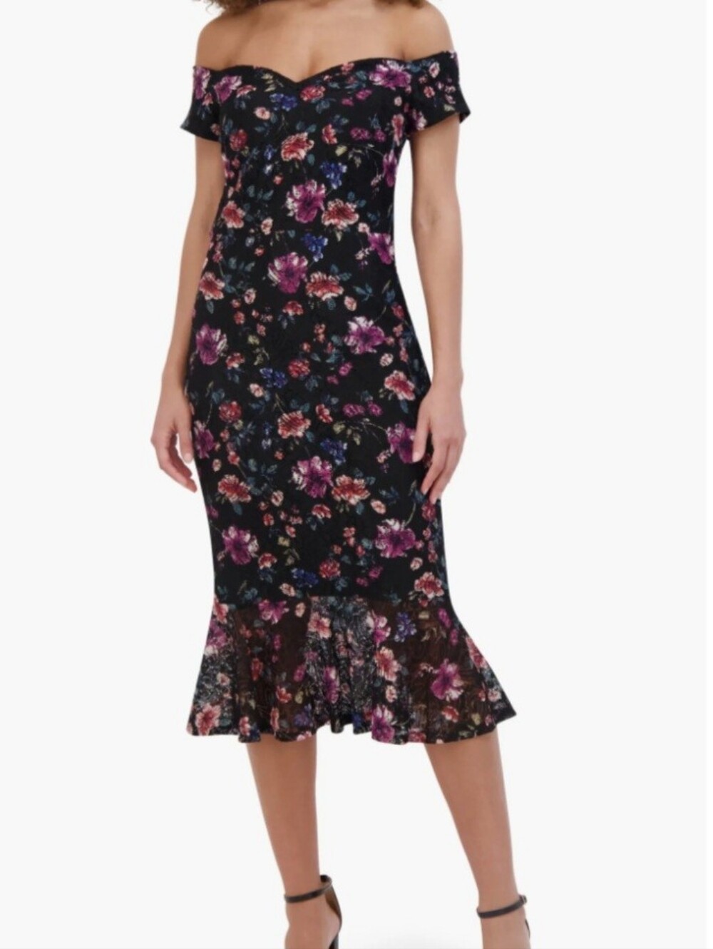 NWT Sienna Off the Shoulder Black & Pink Floral Lace Dress 16